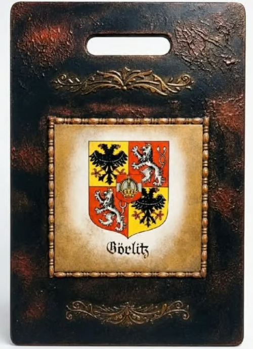 Dekoracyjna deska z zabytkowym kaflem PRL — herb Görlitz, pamiątka historyczna