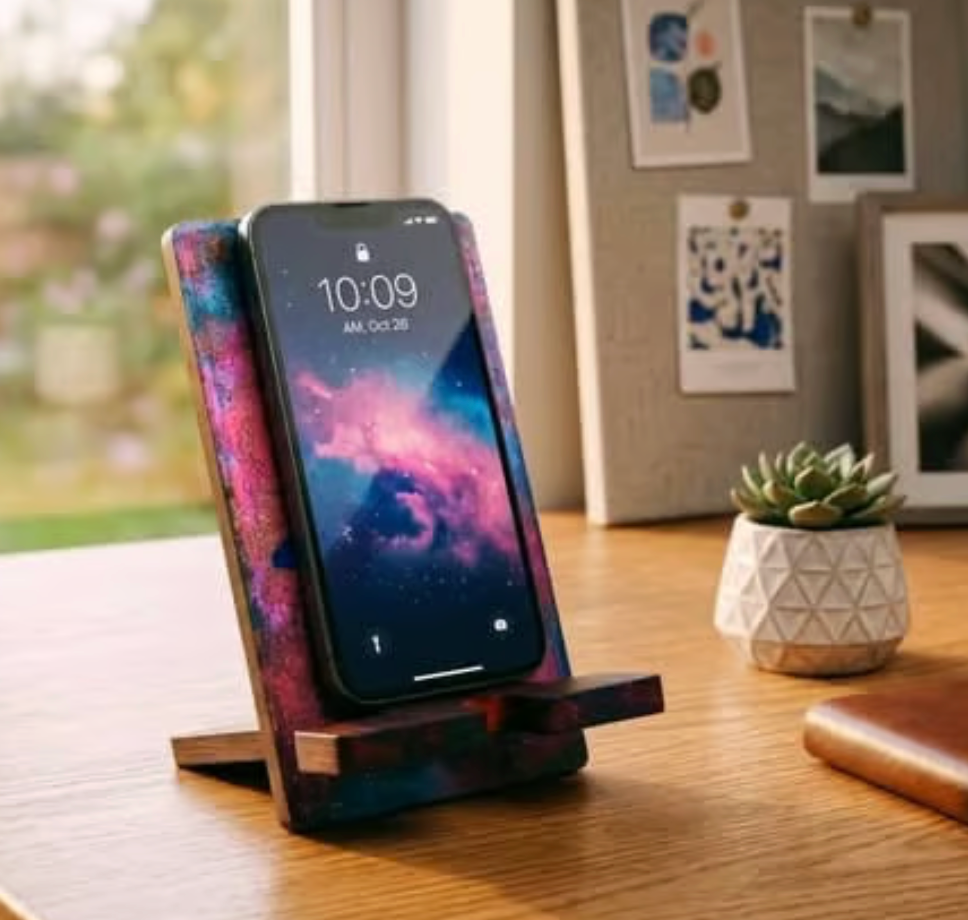 Podstawka na telefon z naturalnego drewna bambusowego — ręcznie zdobiona