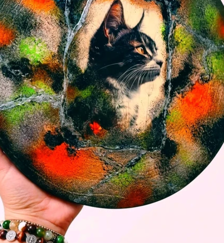 Stolik / kwietnik / podstawka na kawę z kotem — unikat 25 cm, ręcznie malowany mixmedia patyna