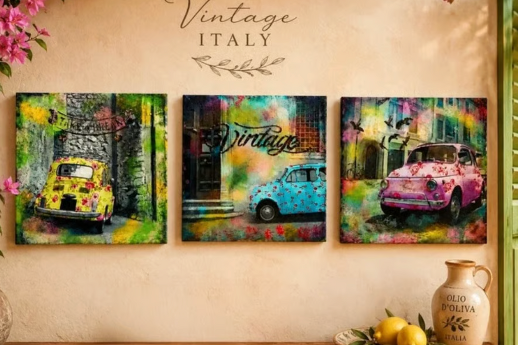 Obrazy zestaw Vintage Italy Fiat – Upcycling | Ręcznie wykończone | Komplet 3 szt.