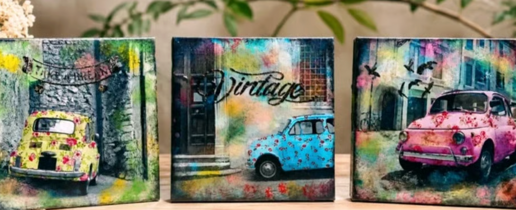 Obrazy zestaw Vintage Italy Fiat – Upcycling | Ręcznie wykończone | Komplet 3 szt.