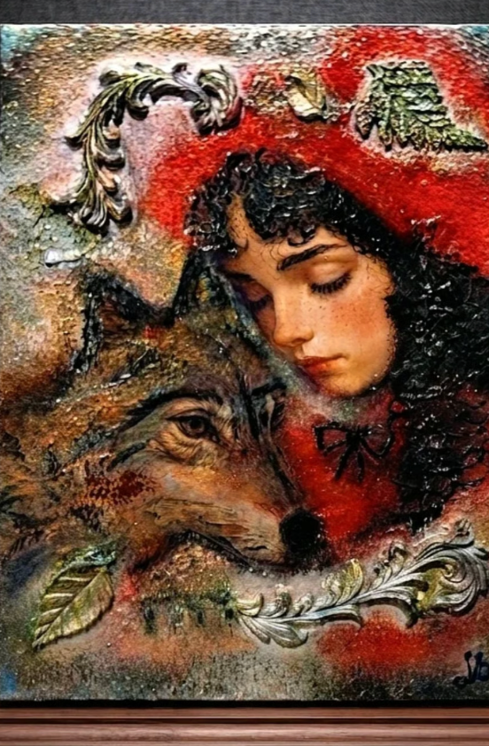 Obraz mixmedia 3D strukturalny rękodzieło Czerwony Kapturek Scarlet Hood
