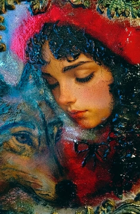 Obraz mixmedia 3D strukturalny rękodzieło Czerwony Kapturek Scarlet Hood