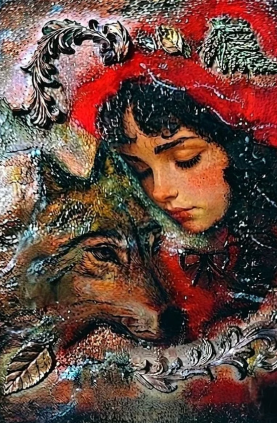 Obraz mixmedia 3D strukturalny rękodzieło Czerwony Kapturek Scarlet Hood