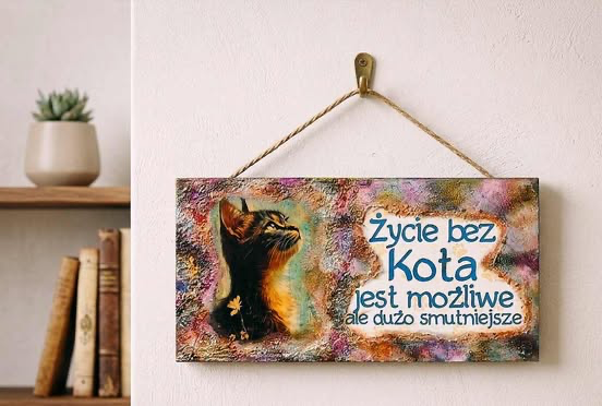 Bogato zdobiona tabliczka z kotem i strukturami  rękodzieło / upcycling