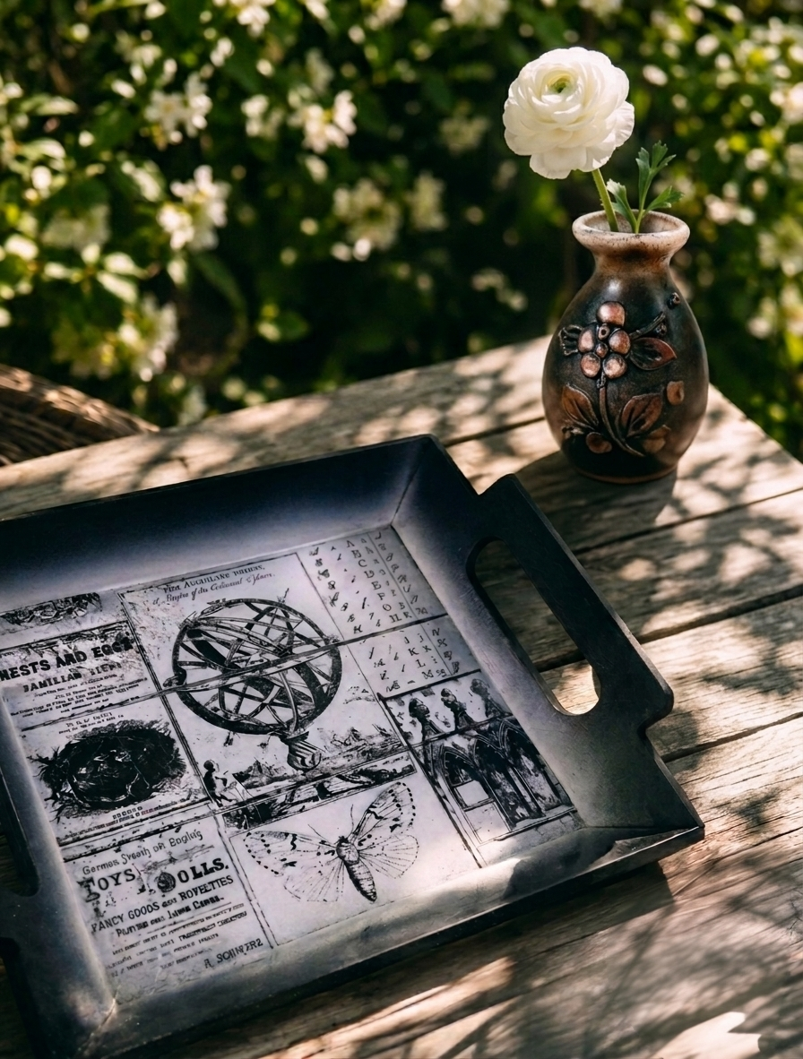 Taca Vintage z motywem przyrodniczo-astronomicznym – ręcznie zdobiona i malowana.