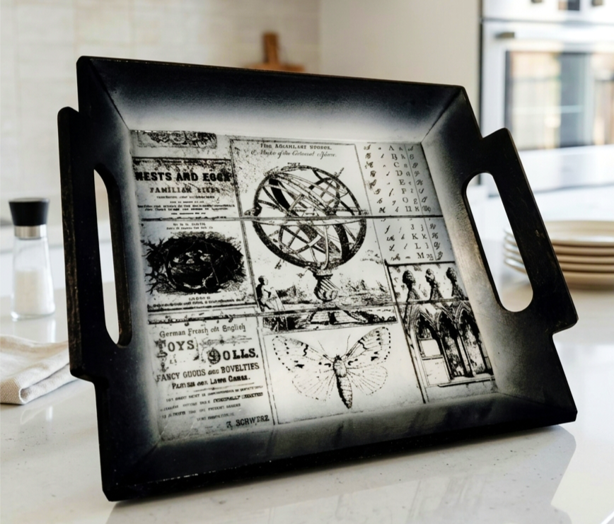 Taca Vintage z motywem przyrodniczo-astronomicznym – ręcznie zdobiona i malowana.